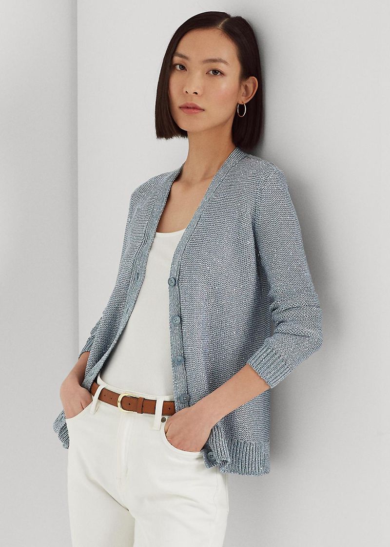 Sweater Lauren Damska Niebieskie Sequined Linen-Blend Cardigan 637528-WHM
